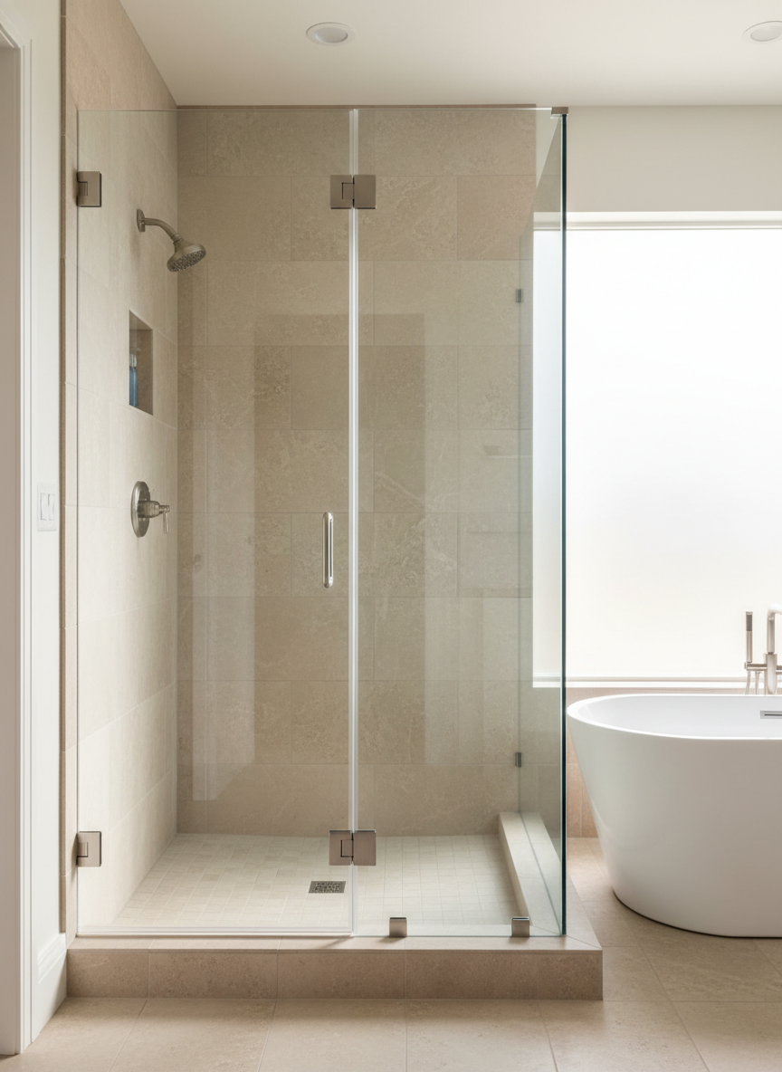 A flawless frameless glass shower enclosure installed in a modern Western Colorado bathroom, with crystal-clear panels extending from floor to ceiling and precise, brushed stainless steel hardware. The glass reflects subtle beige stone tile and a sleek white soaking tub nearby. Soft morning sunlight filters through a frosted window, creating gentle highlights along the polished edges and faint reflections on the tiled floor. Photographic realism, shot at eye level with sharp focus throughout, using a clean, centered composition. The mood is professional and refined, emphasizing craftsmanship and attention to detail, ideal for showcasing high-end residential glass installation work.