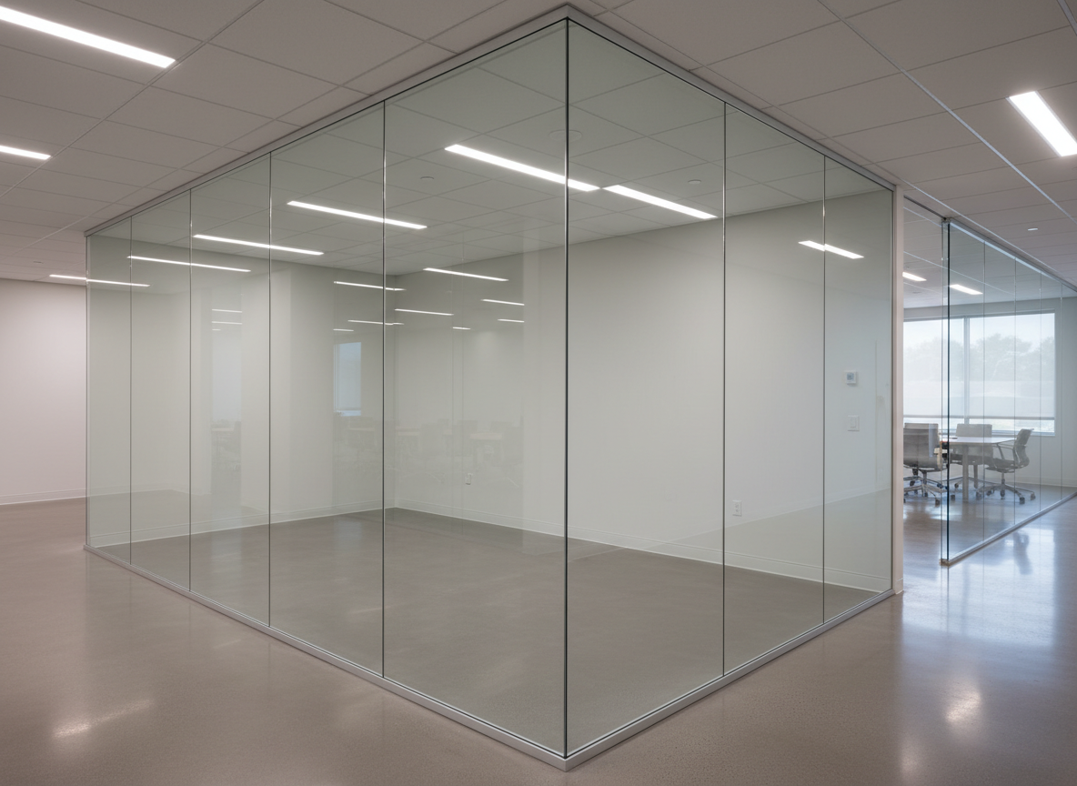 An elegant interior glass office partition system inside a contemporary Western Colorado commercial space, featuring full-height tempered glass panels anchored by minimalistic brushed metal channels. The glass subtly reflects polished concrete floors, neutral walls, and distant conference furniture while remaining transparent enough to suggest openness and collaboration. Cool, even ceiling lighting combines with natural light from unseen windows to create soft reflections and controlled highlights along the edges. Photographic realism, shot from a three-quarter angle with leading lines drawing the eye down the corridor. The mood is orderly, professional, and efficient, emphasizing precision installation and modern design.