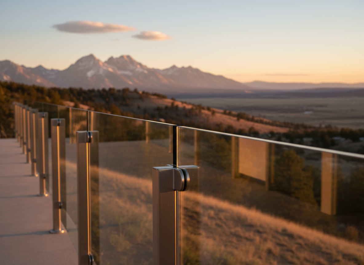 A custom glass railing installation on a residential deck overlooking a Western Colorado valley, with thick, ultra-clear safety glass panels secured by sleek stainless steel posts and clamps. The glass appears almost invisible, allowing uninterrupted views of rolling hills, scattered pines, and distant snow-capped peaks. Warm sunset light glows across the scene, catching the polished metal hardware and tracing delicate reflections on the glass edges. Photographic realism, captured from a low angle along the railing, using shallow depth of field to keep the foreground hardware crisp while softly blurring the dramatic landscape beyond. The mood is serene, secure, and sophisticated.