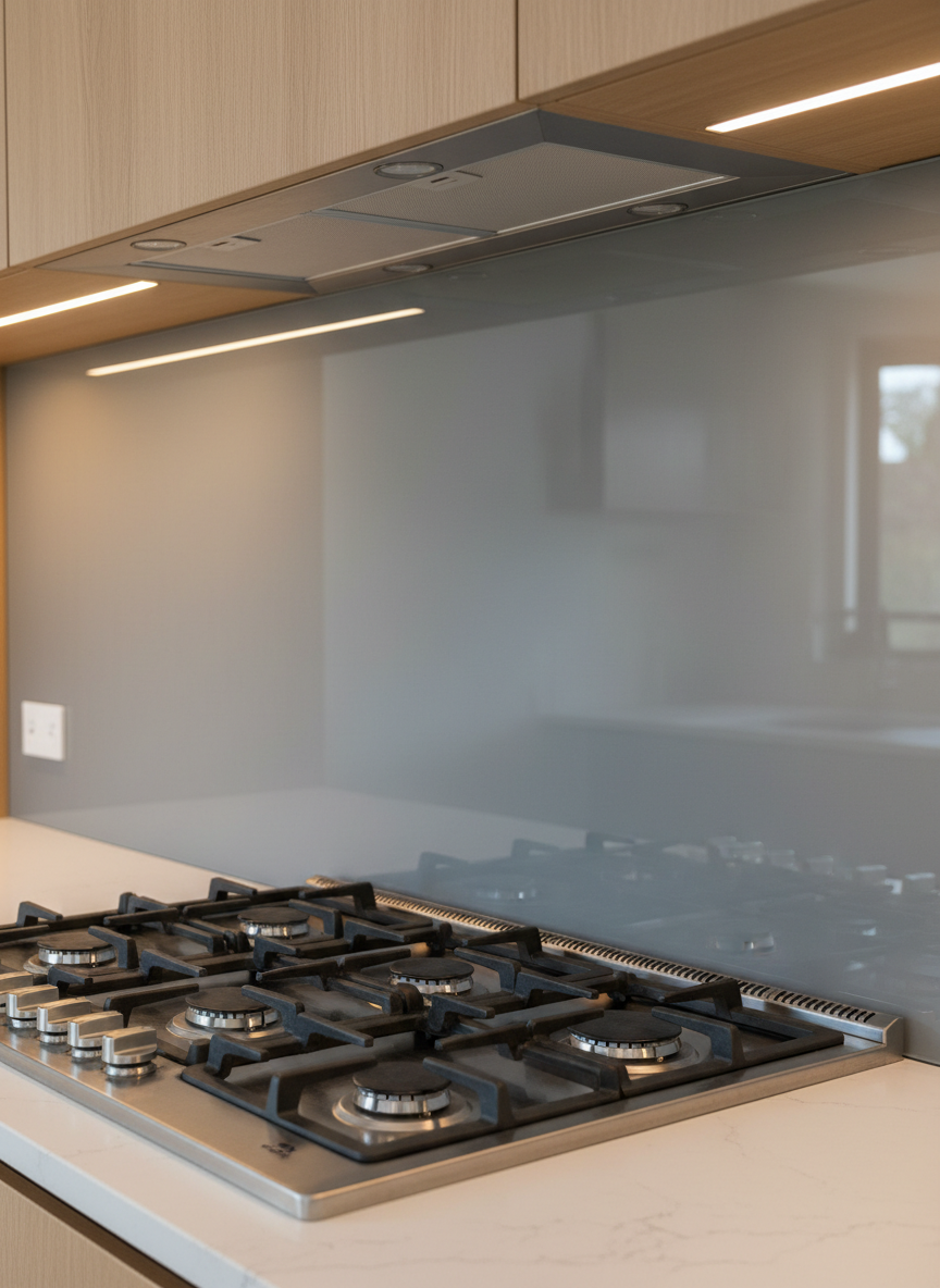 A detailed close-up of a custom residential glass installation in a Western Colorado kitchen: a glossy, back-painted glass backsplash in a soft gray tone running seamlessly behind a modern gas cooktop. The glass surface is perfectly smooth and reflective, mirroring the under-cabinet lighting above and the subtle grain of nearby wood cabinets. Warm, focused LED strips cast clean, linear highlights along the surface, with minimal shadows. Photographic realism, macro-like close-up at a slight angle to accentuate the seamless joints and polished edges. The mood is meticulous and high-end, showcasing precision fabrication and installation workmanship.