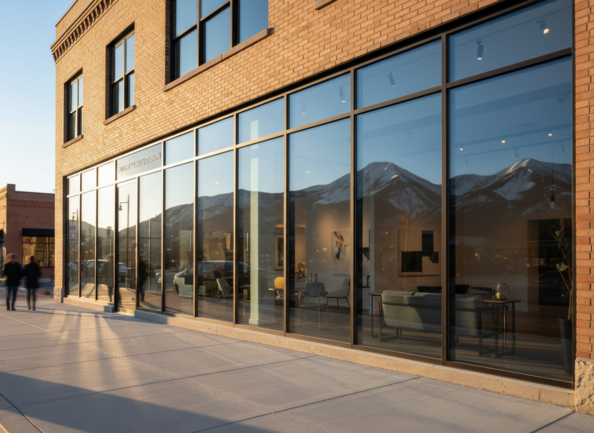 A wide commercial storefront in downtown Western Colorado featuring expansive, perfectly aligned glass panels set in slim dark aluminum frames, revealing a tastefully lit interior. Snow-dusted mountains and a clear blue sky reflect crisply in the glass, grounding the scene in the region. Late afternoon golden-hour sunlight washes across the facade, casting long, clean shadows on the smooth concrete sidewalk. Captured from a slightly low angle with a rule-of-thirds composition, photographic realism, and deep focus to highlight both reflection and transparency. The atmosphere is confident and established, conveying reliability and precision in commercial glass installation.