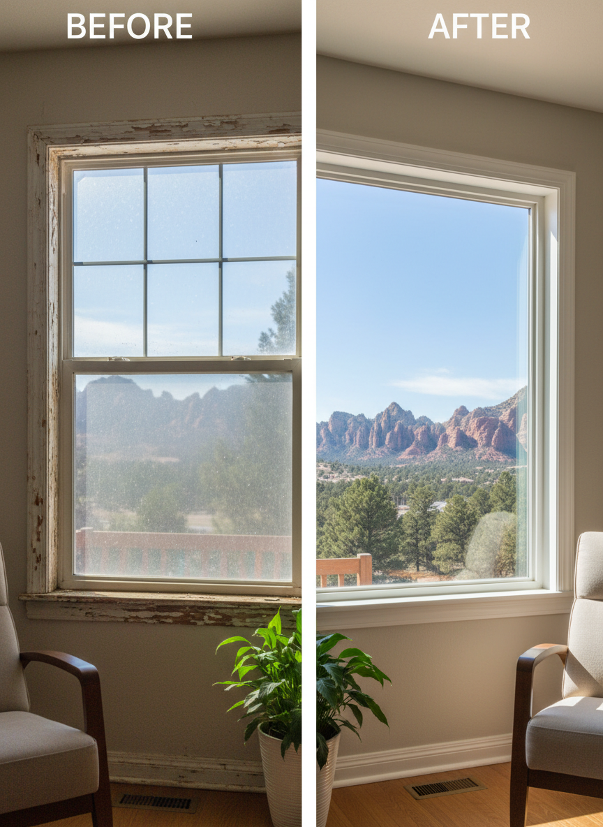 A split-view before-and-after image of a residential living room window upgrade in Western Colorado. On the left, an older, small, divided-light window with cloudy glass and worn trim; on the right, a large, clear, energy-efficient picture window with crisp white framing, perfectly sealed edges, and a panoramic view of distant red rock mesas and evergreens. Consistent daylight streams in from the same direction, brighter and more diffused in the “after” side, emphasizing clarity and openness. Photographic realism, mid-level perspective, clean vertical dividing line between scenes. The mood is transformative and aspirational, highlighting the tangible improvement professional glass installation can bring.